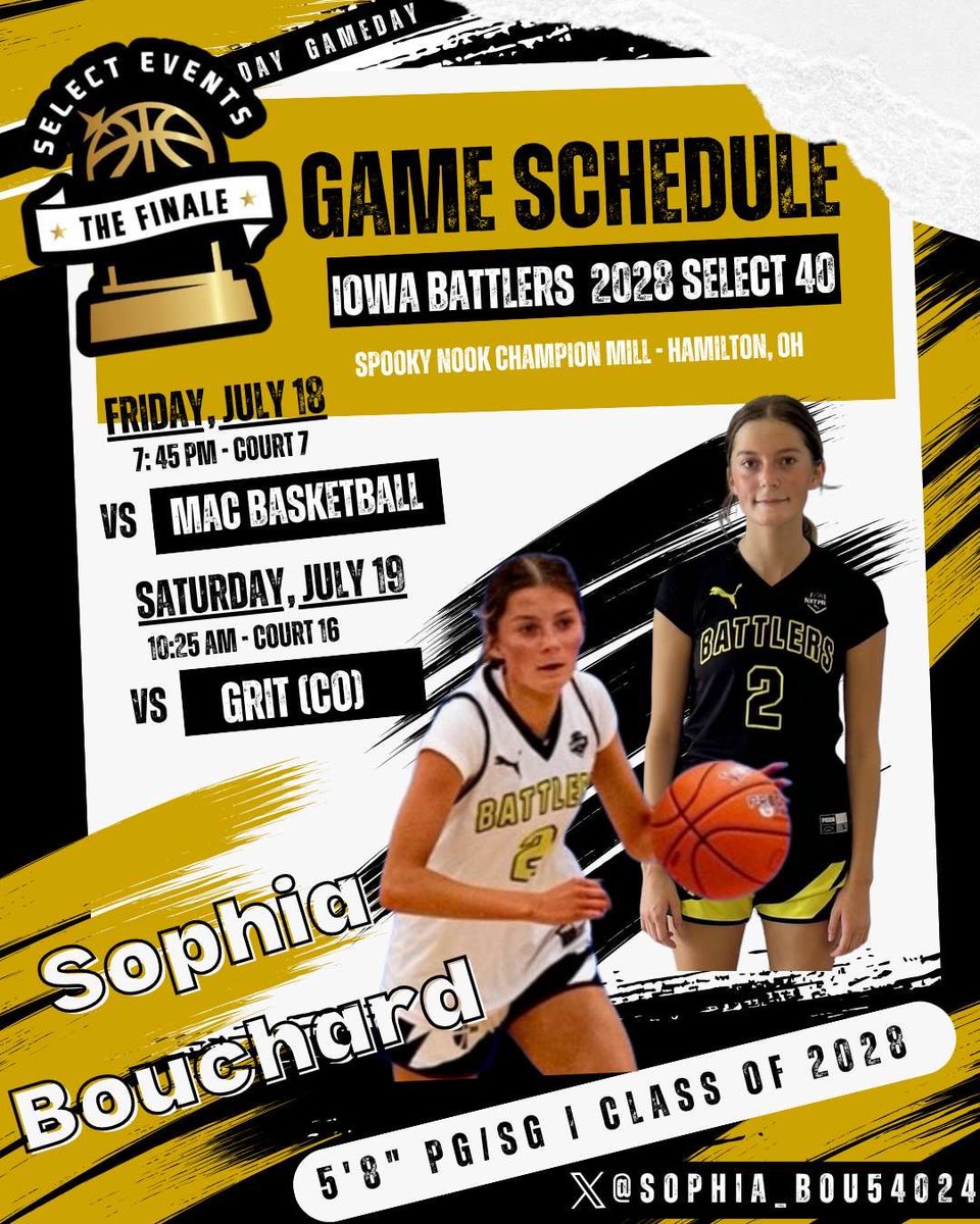 Sophia Bouchard (@sophia_bou54024) on Twitter photo Here is my schedule for this weekend in Ohio! Come check us out <a href="/BBallPaul32/">Coach Paul</a> <a href="/PGHBrooks/">Jeremy Brooks</a> <a href="/SelectEventsBB/">Select Events Basketball</a> <a href="/JrAllStarBB/">Jr. All-Star Girls Basketball</a> <a href="/BattlersBball/">Iowa Battlers</a> Here is my schedule for this weekend in Ohio! Come check us out <a href="/BBallPaul32/">Coach Paul</a> <a href="/PGHBrooks/">Jeremy Brooks</a> <a href="/SelectEventsBB/">Select Events Basketball</a> <a href="/JrAllStarBB/">Jr. All-Star Girls Basketball</a> <a href="/BattlersBball/">Iowa Battlers</a>