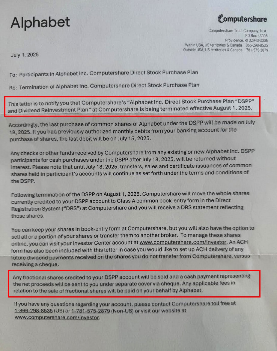 6days1week's tweet image. Shout out to Alphabet/ @Google for terminating their @Computershare DSPP service. Starting Aug 1, all registered $GOOG shares will be held by investors self custody (pure DRS with no intermediary). Fractional entitlements will be sold and Alphabet is covering the cost.