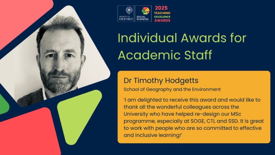 Dr Timothy Hodgetts (School of Geography and Environment) has received a #TeachingExcellence Award!

The award recognises his commitment to:
- inclusivity
- knowledge sharing
- collaboration

Find out more about Dr Hodgetts teaching approach: socsci.ox.ac.uk/article/winner…