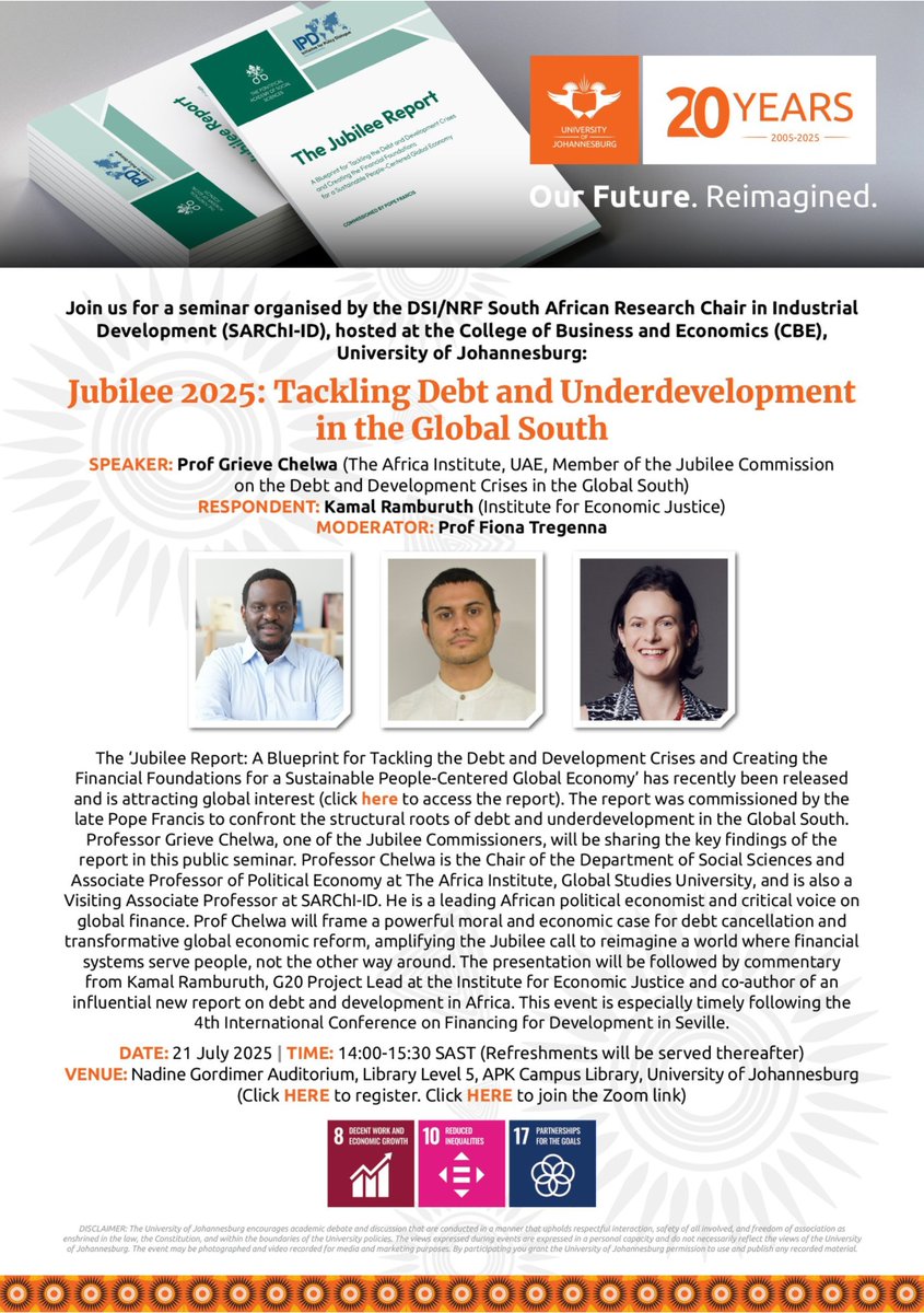 IEJ_SA's tweet image. What's the path forward for the Global South in tackling debt and underdevelopment?
Don't miss JUBILEE 2025! Gain crucial insights from Prof. Grieve Chelwa, Kamal Ramburuth (IEJ), and Prof. Fiona Tregenna.
🗓️ July 21st, 14:00 SAST.
🔗Register here: ow.ly/2EJQ50WrRbH…