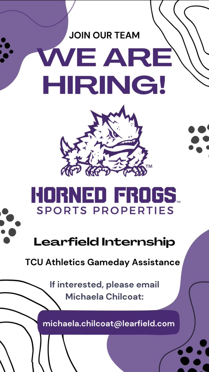 ftdmfrogs's tweet image. Looking for an internship this fall? Learfield is hiring for gameday assistance! See the graphic for the contact info if you're interested.