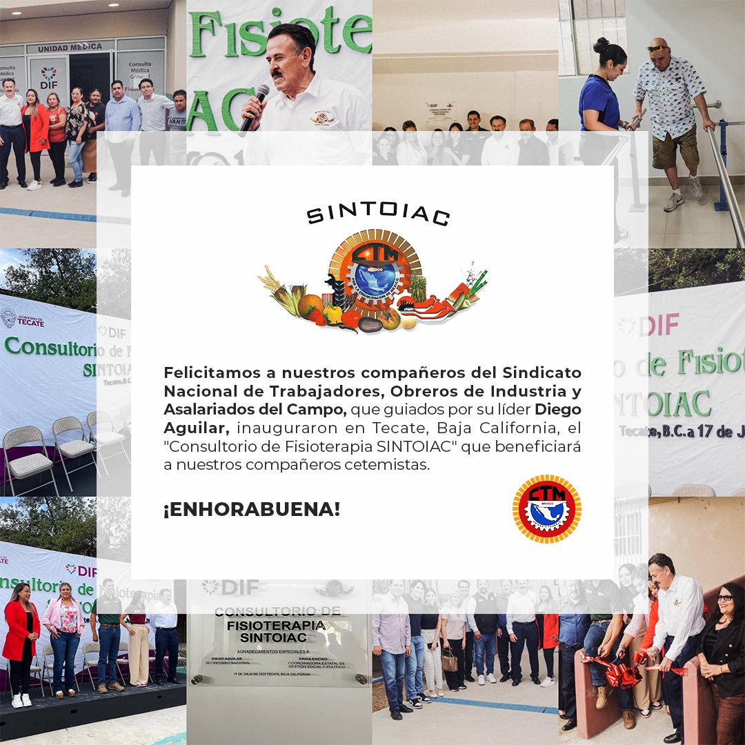 CTM_MX's tweet photo. 🎉Felicitamos al SINTOIAC por inaugurar el Consultorio de Fisioterapia en Tecate, B.C., bajo el liderazgo de su Secretario General, Diego Aguilar.
🏥 Una acción que refleja el compromiso de la @CTM_MX con la salud de las y los trabajadores.

¡Unidad y Trabajo! https://t.co/PCRxHds90d
