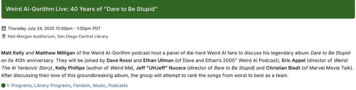 Oh, hello there fellow cool persons. If you’re SUPER cool and headed down to San Diego Comic Con just like ME, I hope that you’re able to check me out as part of a panel next Thursday 7/24 at Noon, discussing the 40th anniversary of Weird Al’s “Dare to be Stupid”!