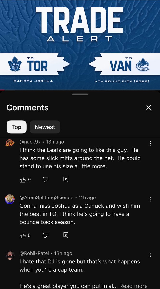 Hundreds of comments below Dangle’s trade video from Canuck fans lamenting losing Joshua. Throw shade on the deal if you want, but Canuck fans’ reactions tell you all you need to know