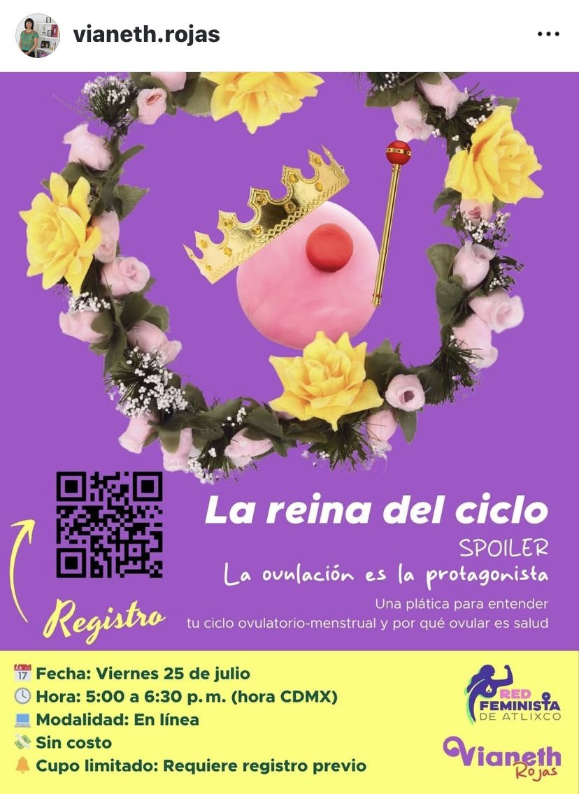 RedFemAtlixco's tweet photo. No te pierdas el taller "La reina del ciclo. Spoiler: la ovulación es la protagonista" que será impartido por @VianethRo el próximo 25 de julio. 👀✨👇🏾

Regístrate y forma parte de este espacio para hablar de salud, soberanía y placer desde nuestros cuerpos. https://t.co/N5NMfam8DS
