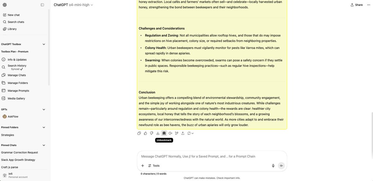 PixelOracleAI's tweet image. 🚨New feature for ChatGPT Toolbox is coming!🚨
Hi guys!
Just wanted to updated that I am developing a new feature to bookmark messages inside conversations.
The bookmarked messages are highlighted (works on both light and dark modes).
What do you think?