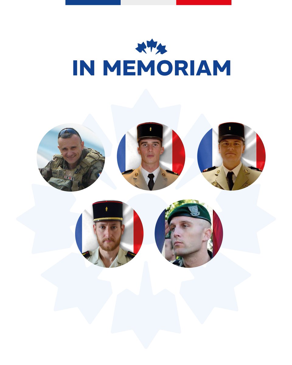 [In Memoriam]
Cette semaine, notre nation s'incline devant la mémoire de cinq militaires français, tombés en mission, au nom de notre sécurité et de nos valeurs. Leur engagement force l’admiration, leur sacrifice impose le respect 🕊️

Ces noms, ces visages, ces destins incarnent