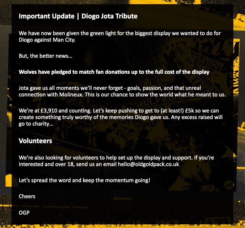 🟡⚫️Important Update |  Diogo Tribute ⚫️🟡

Please see below as we require you help…

Thanks for all the support with this so far, you've been BOSTIN!

Oldgoldpack.co.uk/fundraising-ca…

#wwfc #diogojota