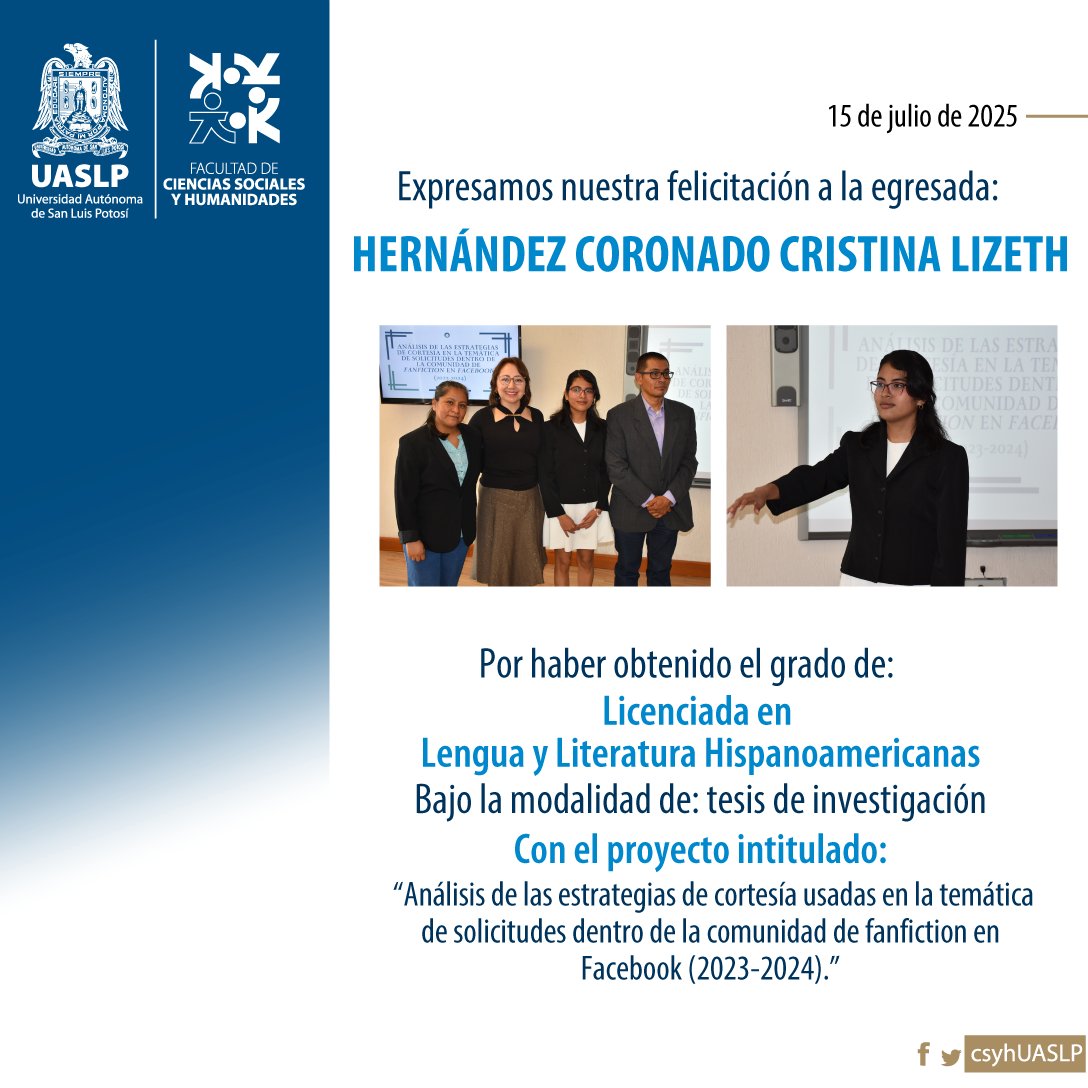 csyhUASLP's tweet image. ¡Muchas felicidades! 🎉🏫🦅
#egresada #titulada #FCSyH #UASLP #cienciassociales #humanidades