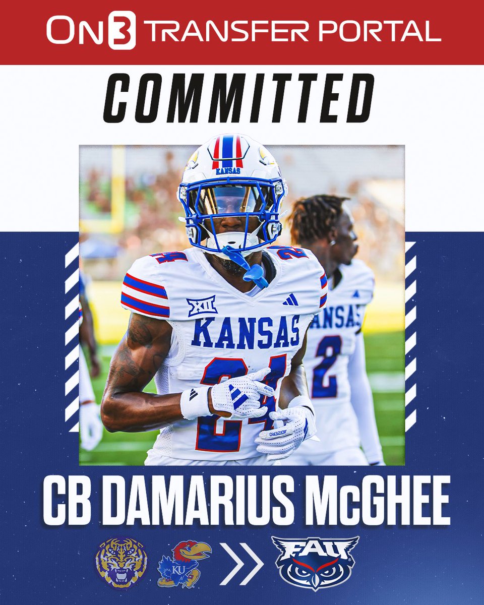 TransferPortal_'s tweet image. BREAKING: Kansas transfer CB Damarius McGhee has signed with FAU, @PeteNakos_ reports🦉
on3.com/rivals/damariu…