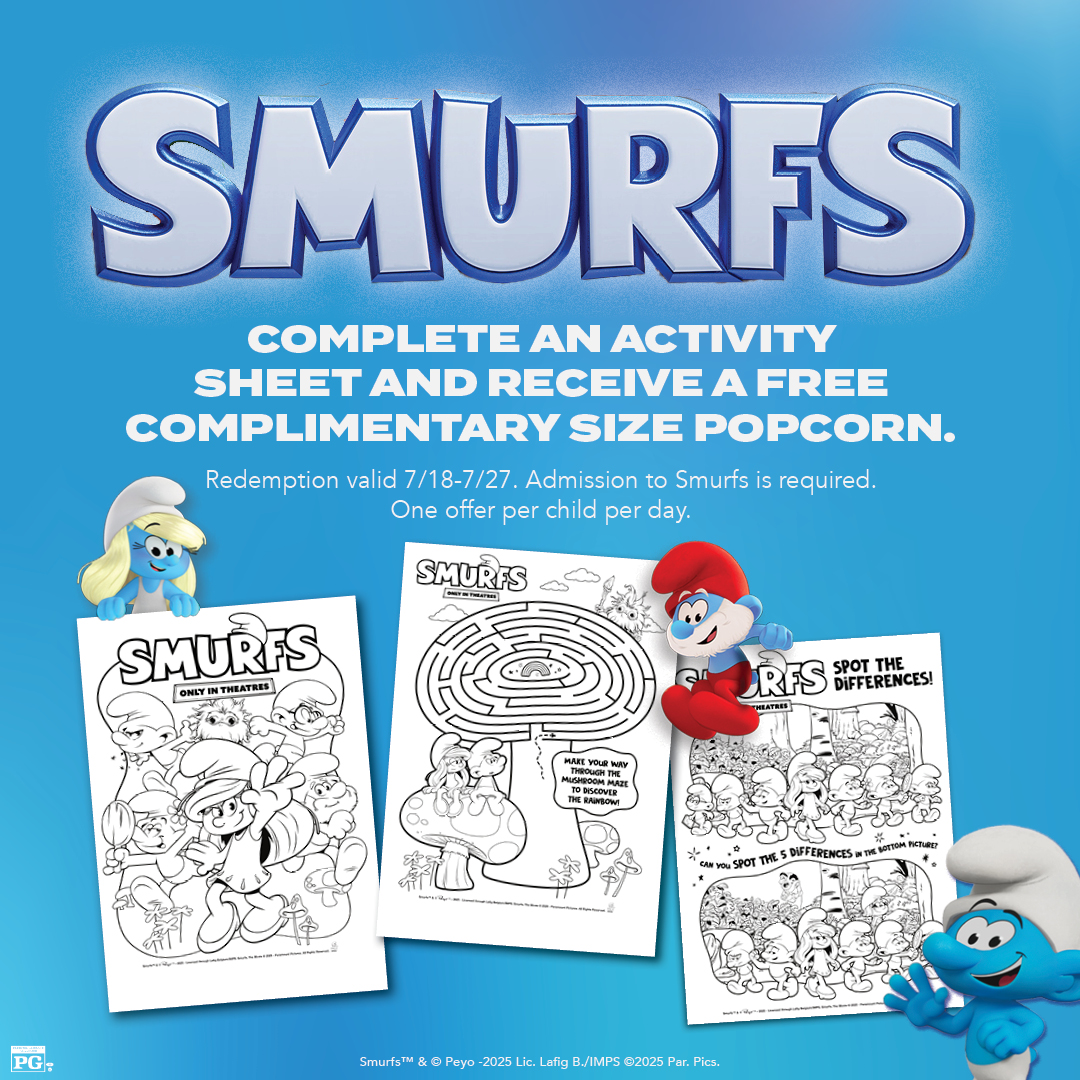 Kids who complete a Smurfs activity sheet will get a FREE popcorn now through July 27 with Smurfs movie admission! 🍿 bit.ly/MarcusActivity…