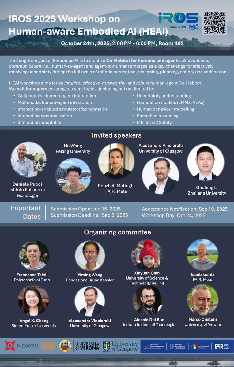 📢The Human-aware Embodied AI (HEAI) workshop #IROS25 is live and accepting submissions!
📜Check out the CfP and our amazing invited speakers lineup in the flyer below!

If you're working on these topics, we'd love to see your work.
🔗 More info: heai-iros25-workshop.github.io