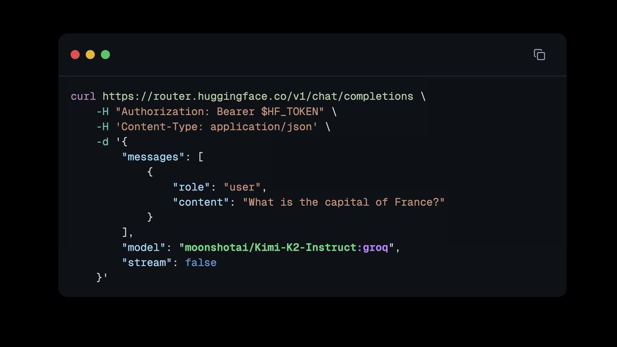 calebfahlgren's tweet image. The @huggingface Inference Providers is getting even easier to use! Now with a unified OpenAI client route.
Just use the model id and it works. You can also set your preferred provider with `:groq` for example.
Here's how easy it is to use @GroqInc and Kimi K2