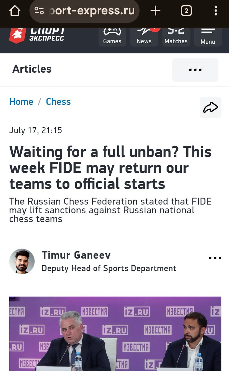 PHChess's tweet image. According to Russian 🇷🇺 state media, FIDE is about to make a decision allowing Russian teams back.
m.sport-express.ru/chess/reviews/…