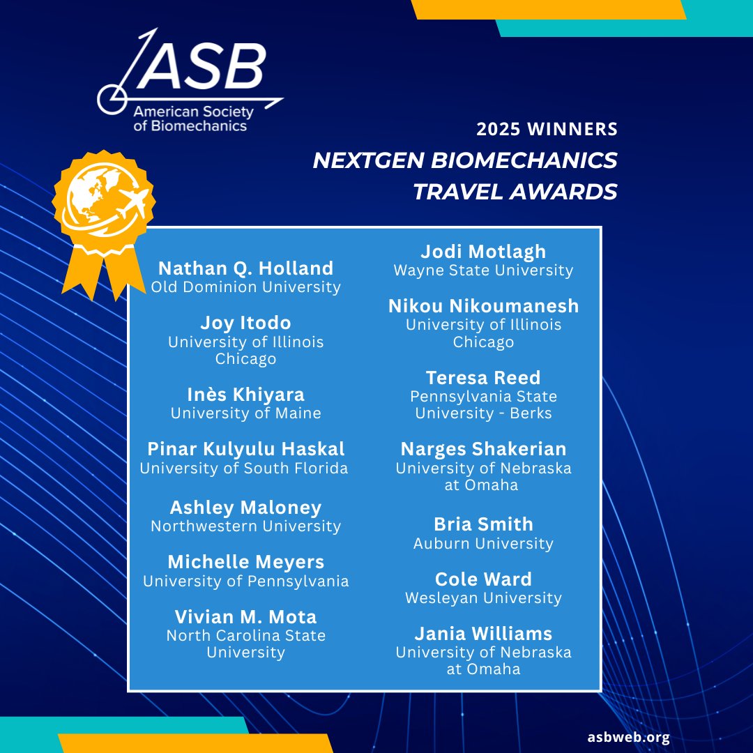 ✈️ Congratulations to the recipients of the #ASB2025 NextGen Biomechanics Travel Award! 👏 We’re proud to recognize this year’s awardees—your passion and potential are shaping the future of biomechanics!

#TravelAward #BiomechanicsCommunity #EarlyCareerResearchers