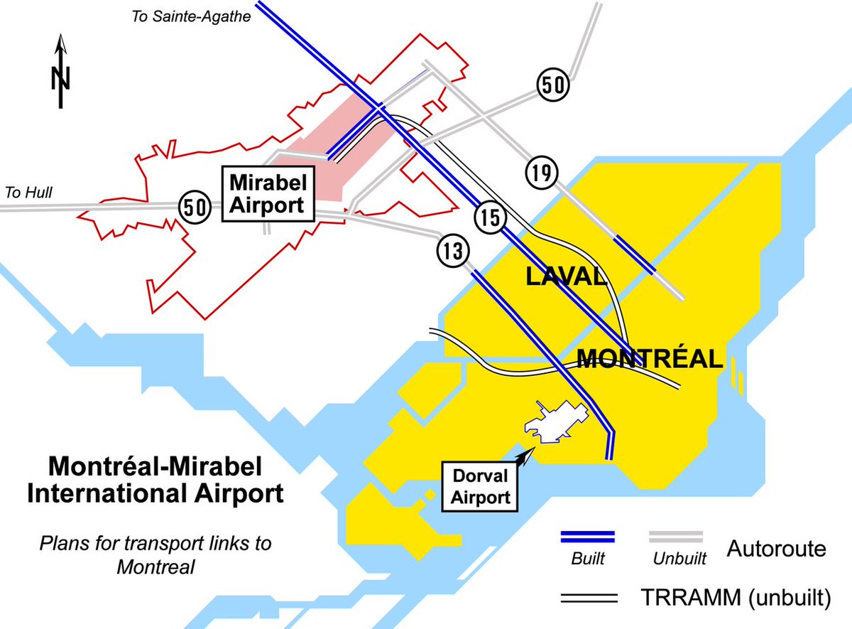 mongrainle's tweet image. Voici le plan du réseau pour desservir l’aéroport de Mirabel. En bleu, ce qui a été construit, en gris, ce qui n’a jamais vu le jour
Le projet de train (empruntant le tracé de la ligne Deux-Montagne du futur REM) devait coûter $250M et relier YMX à la gare centrale en 30 minutes