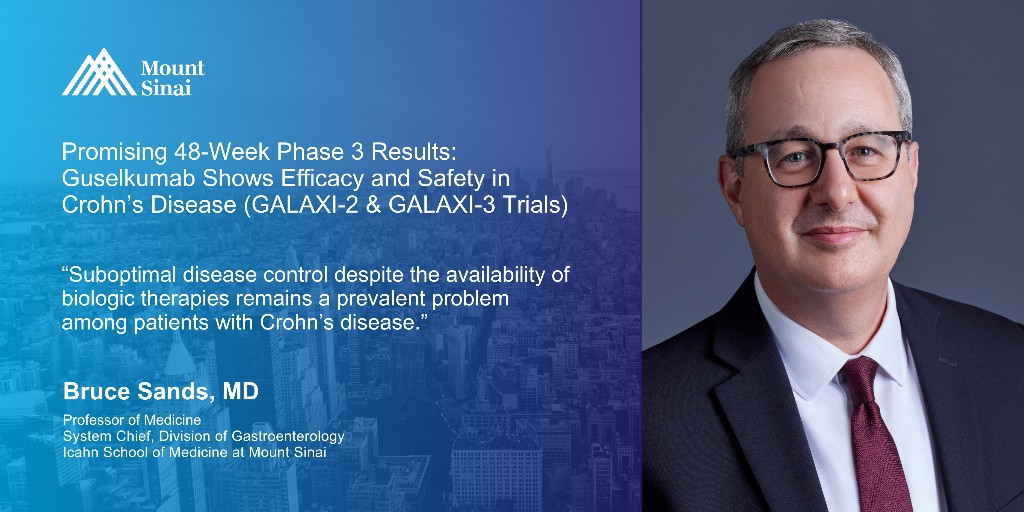 MountSinaiGI's tweet image. New research from Dr. Bruce Sands shows guselkumab outperforms the leading Crohn’s treatment, delivering better gut healing and remission, even in tough-to-treat cases. A breakthrough in IBD care. Learn more here: bit.ly/46Md3hy
@DOMSinaiNYC @IcahnMountSinai
