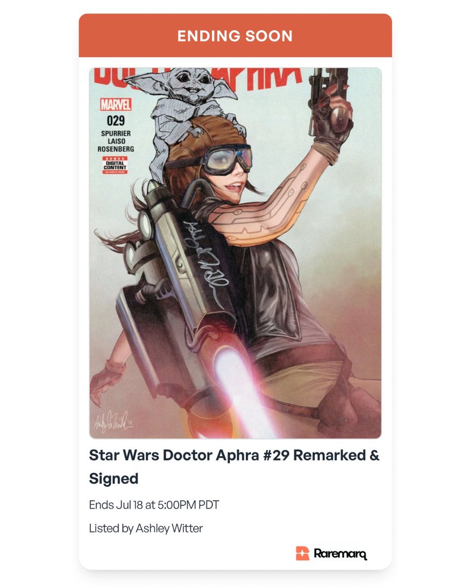 raremarq's tweet image. Ending today! Don’t miss your chance to own this signed Doctor Aphra #29 featuring a Grogu remarque by original cover artist @AshleyMWitter — a must-have for any Star Wars fan!
raremarq.com/auctions/star-…
#Grogu #TheMandalorian #StarWars #ThisIsTheWay #Remarque #DoctorAphra