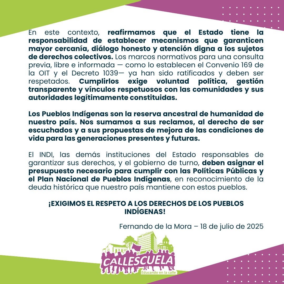 📢 Nos preocupa el cierre de atención del INDI en su oficina central.

Desde Callescuela expresamos nuestra solidaridad con las comunidades indígenas urbanas afectadas. El Estado debe garantizar atención digna, diálogo real y respeto a sus derechos colectivos.

#PueblosIndígenas