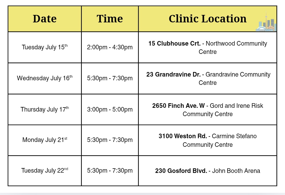 My office has been helping seniors fill out applications for the City of Toronto's property tax and utility rebate.

If you or a loved one require assistance, there are two clinics remaining at Carmine Stefano Community Centre, and John Booth Arena. See below for details.