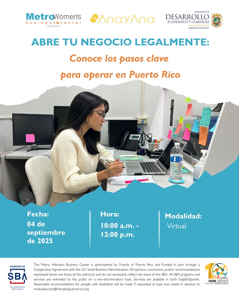 MWBCPR's tweet image. ¿Estás emprendiendo o pensando en abrir tu negocio? 

Este taller es para ti:
📝 “Abre tu Negocio Legalmente”

📅 4 de septiembre
🕙 10:00 a.m. – 12:00 p.m.
📍 Modalidad virtual (Zoom)
🎤 Recurso invitado: Luis Baz, CEO de AnaYAna

Regístrate en: puertoricowomen.org/event/abre-tu-…