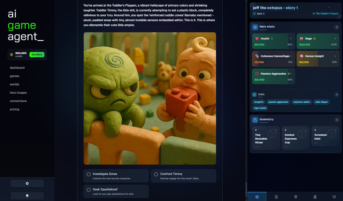 aiga_io's tweet image. 📢 AI Game Agent Update 📢
_ Quick update on our new social AI story game platform
_ Web (Public or Private) – Share a link or invite your friends to a private group
_ X (Twitter) – Community votes via polls 📷 Share your creations for others to play
_ New look, easier game…