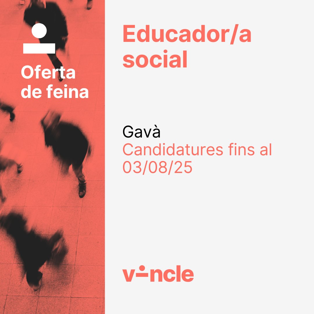 📢 OFERTA DE FEINA

🔎 Educador/a social
📌 Gavà
✍️ Candidatures fins al 03/08/25
👉 Més info: ow.ly/tAch50VSpr5 

#treball #oferta #feina #social #tercersector #vincle