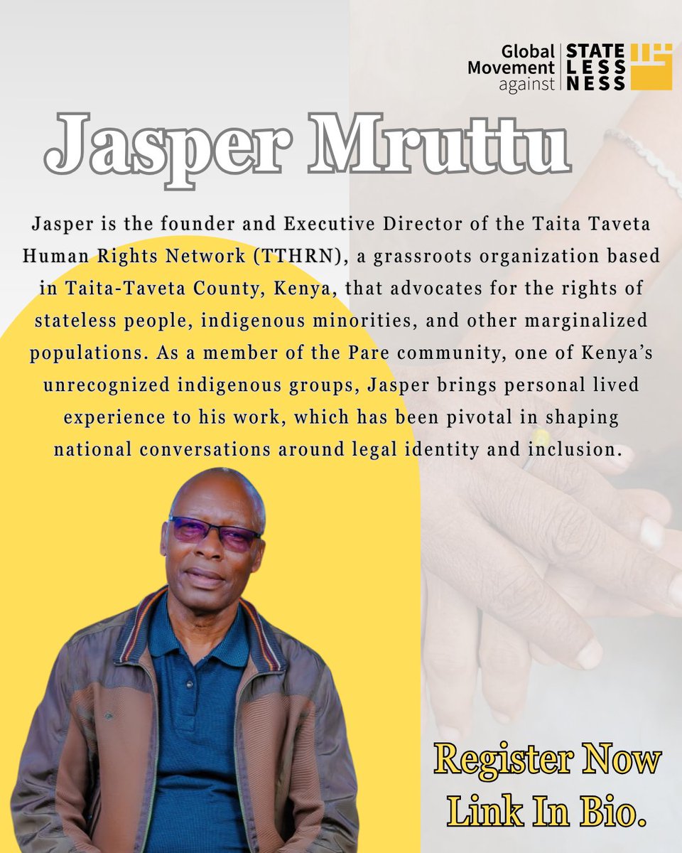 Speakers spotlight 
Jasper is the founder of TTHRN in #Kenya and a member of the unrecognized Pare community.
He advocates for #statelesspeople and indigenous rights from #livedexperience.
His voice is shaping national #change.
🔗 Join us :us02web.zoom.us/meeting/regist…