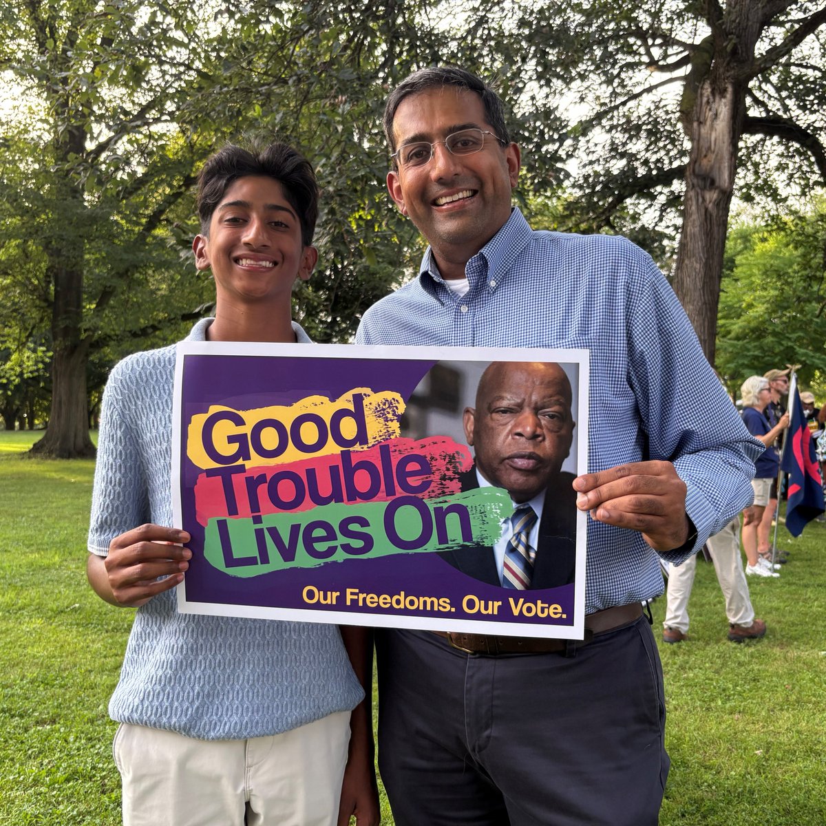 RepVenkat's tweet image. John Lewis embodied how a rising generation could say, “Enough” – to segregation, disenfranchisement, and not living up to our ideals. It was an honor with my son Ashok and others from our community to attend the John Lewis Good Trouble Rally with fellow @ACDelegation members.