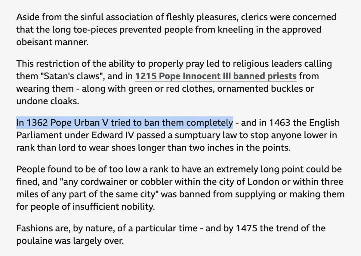 PessimistsArc's tweet image. There was a medieval moral panic about pointy shoes.
"Fashionable pointy-toed shoes called poulaines were alleged to promote sexual deviancy and, as a resulting sanction from God, were blamed for bringing about the plague."
In 1362 Pope Urban V tried to ban them...
via @BBC…
