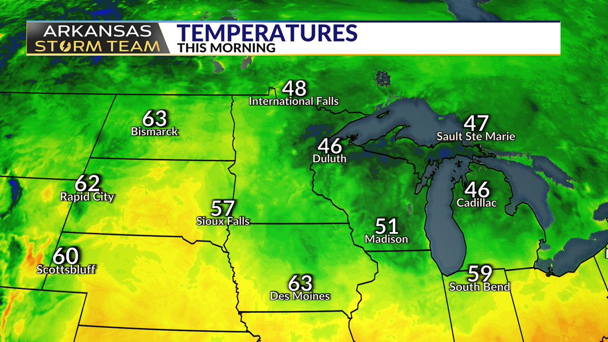 joel_off_air's tweet image. SO JEALOUS😒 Parts of the Upper Midwest dropped into the 40s this morning!! I see you Duluth and Cadillac... 46!
Meanwhile here in Arkansas, we're under Extreme Heat Warnings. #MNwx #MIwx #ARwx