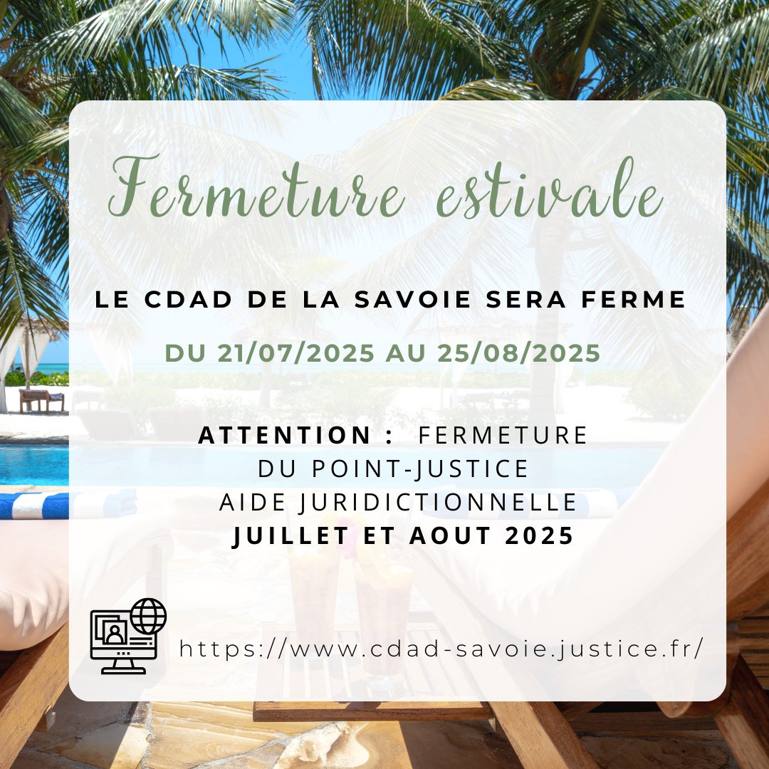 Le CDAD de la Savoie prend une pause estivale
Retour dès septembre avec de nouvelles actions en faveur de l’accès au droit !

📚 À la rentrée : de nouveaux projets pour les jeunes, les seniors, les publics en difficulté…

Très bel été à toutes et tous !