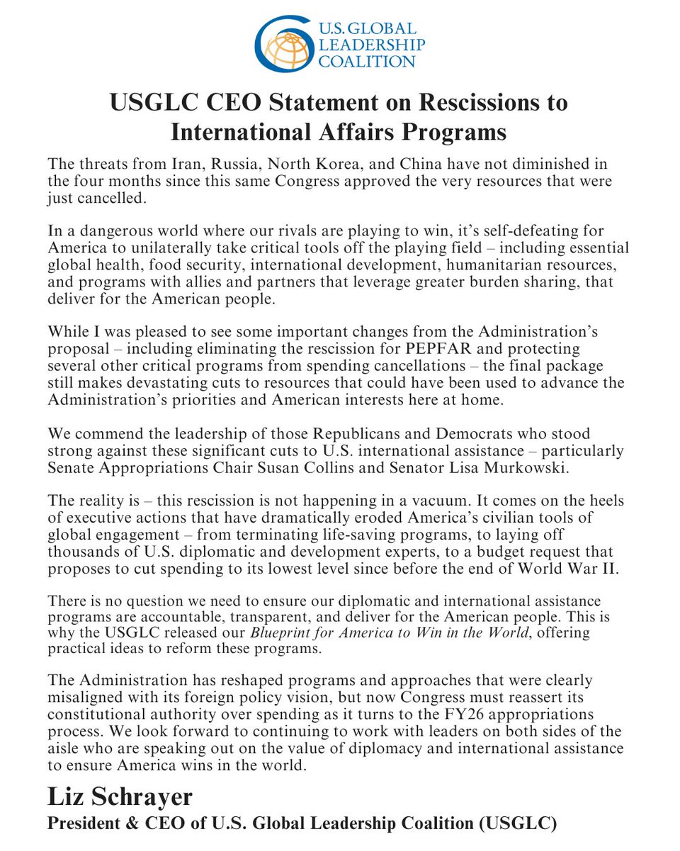 USGLC's tweet image. The threats from Iran, Russia, North Korea, and China have not diminished in the four months since this same Congress approved the very resources that were just cancelled. Read @LizSchrayer’s full statement on Congress’ rescissions to international affairs programs. 👇
