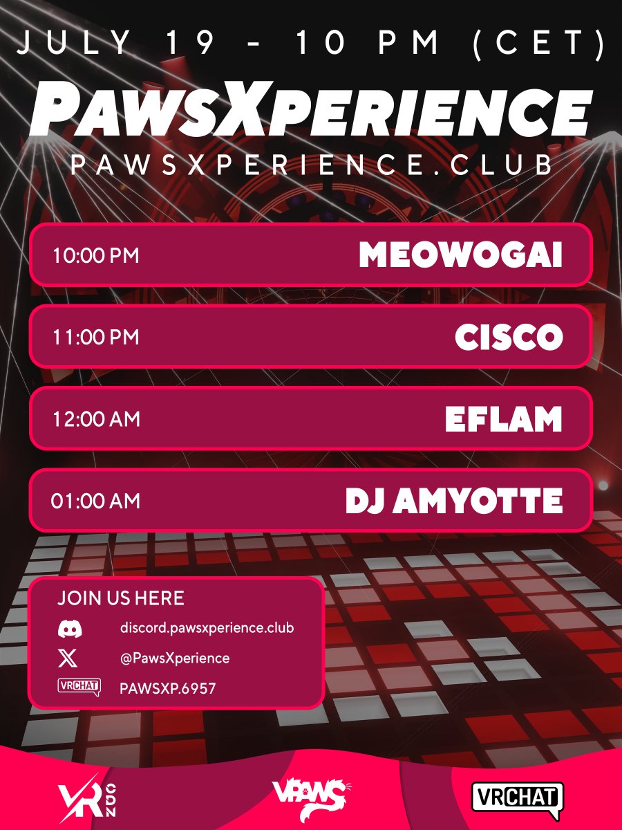 PawsXperience's tweet image. Hewoooo! Come to join us this week-end for a new party!
The instance will open 1 hours before the event starts.

Make sure to join our VRChat group to access the instance! vrc.group/PAWSXP.6957

We can’t wait to see you! #vrchat #dj #furry