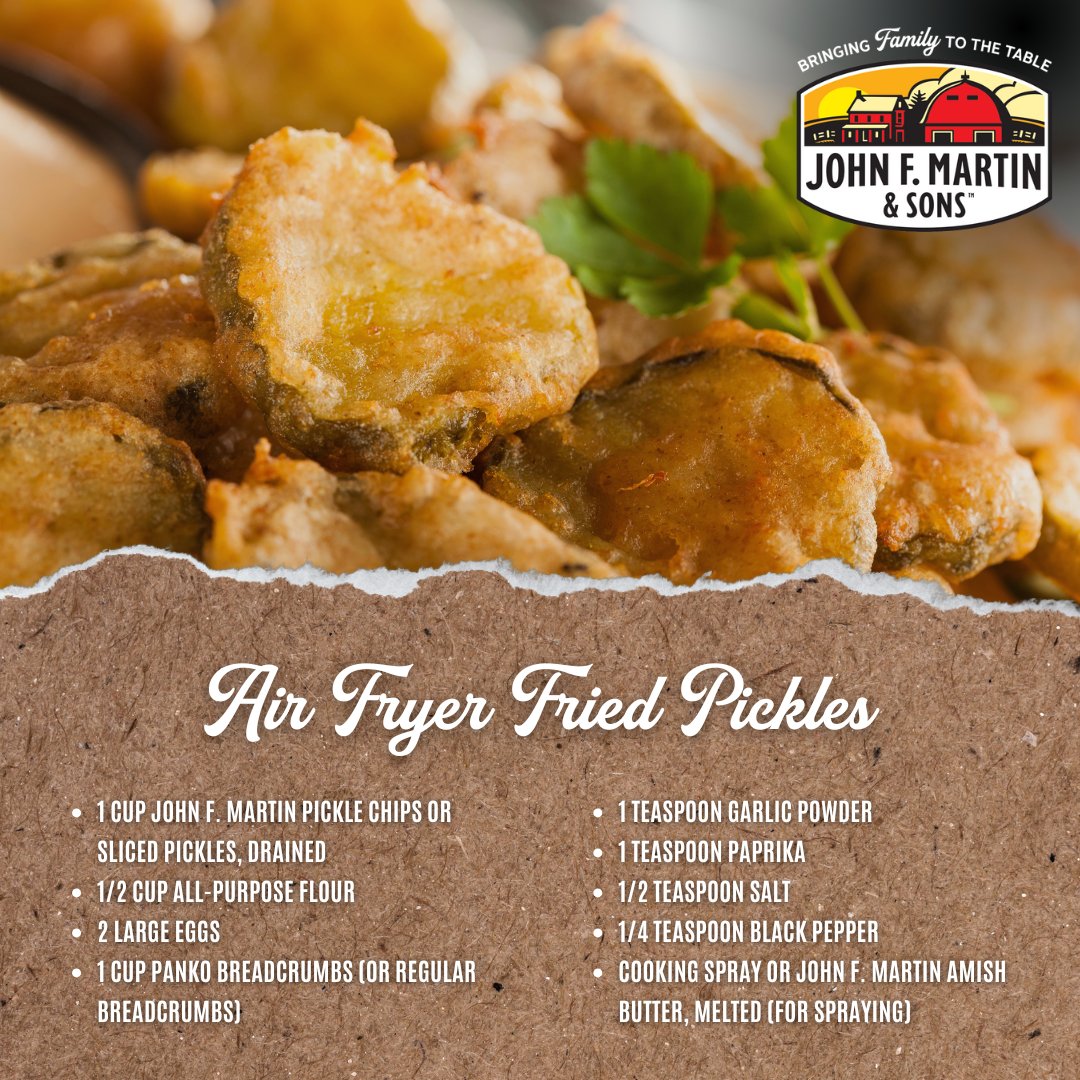 🥒✨ Craving crispy? Make John F. Martin Air Fryer Fried Pickles!

1️⃣ Preheat air fryer to 400°F. 2️⃣ Dip pickles: flour, egg, seasoned panko. 3️⃣ Air fry in single layer, 8-10 mins (flip halfway) until golden. 4️⃣ Serve with your favorite dipping sauce! #FriedPickles