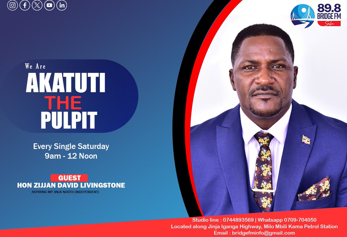 BridgeFM_Ug's tweet photo. 🎙️ Don't Miss Akatuti ku Pulpit!
Tune in this Saturday, 19th June 2025, from 9AM to 12PM on 89.8 Bridge FM 📻

Join Ntambi Shamir as he hosts Different Political Aspirants 

Stay informed. Stay engaged.
#AkatutiKuPulpit #BridgeFM  #NtambiShamir #UgandaTalks https://t.co/z1VeH9z6bE