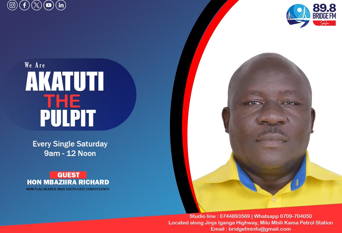 BridgeFM_Ug's tweet photo. 🎙️ Don't Miss Akatuti ku Pulpit!
Tune in this Saturday, 19th June 2025, from 9AM to 12PM on 89.8 Bridge FM 📻

Join Ntambi Shamir as he hosts Different Political Aspirants 

Stay informed. Stay engaged.
#AkatutiKuPulpit #BridgeFM  #NtambiShamir #UgandaTalks https://t.co/z1VeH9z6bE