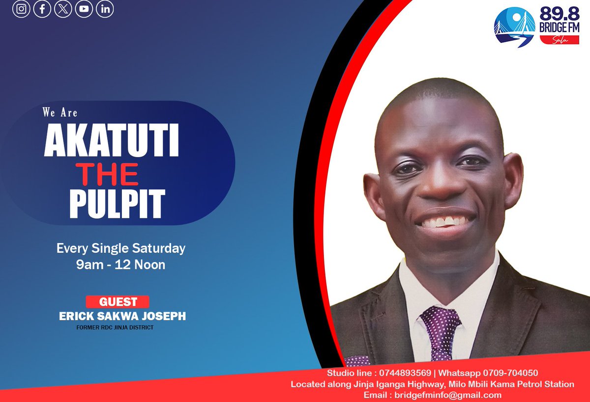 BridgeFM_Ug's tweet photo. 🎙️ Don't Miss Akatuti ku Pulpit!
Tune in this Saturday, 19th June 2025, from 9AM to 12PM on 89.8 Bridge FM 📻

Join Ntambi Shamir as he hosts Different Political Aspirants 

Stay informed. Stay engaged.
#AkatutiKuPulpit #BridgeFM  #NtambiShamir #UgandaTalks https://t.co/z1VeH9z6bE