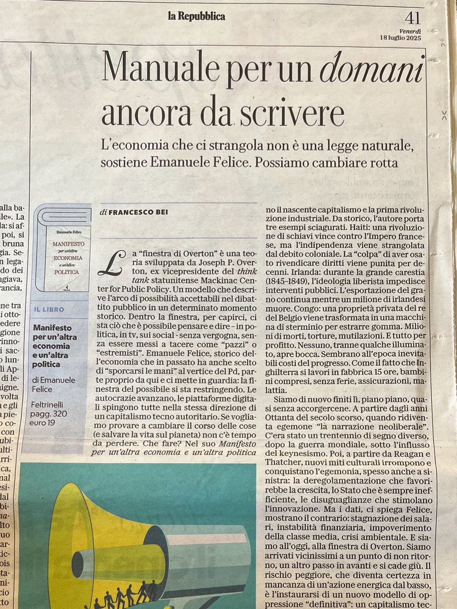emanuelefelice2's tweet image. “L’economia non è un sistema di leggi naturali, è una costruzione storica che riflette sempre rapporti di potere. Se non la guidano la politica democratica e un’etica dei diritti, la guideranno altri interessi”
Grazie, di cuore, per questa splendida recensione del “Manifesto”