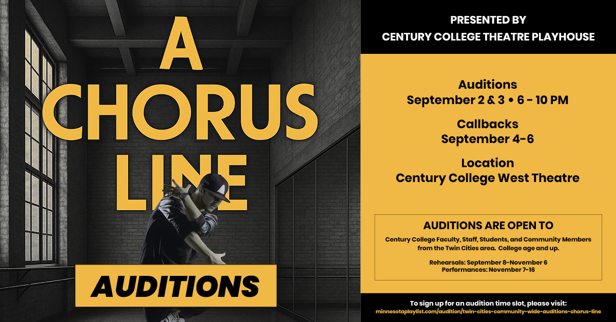 CenturyCollege's tweet image. 🎭 Audition Notice: #AChorusLine
Calling all dancers, singers & actors in the Twin Cities!
Auditions will be held September 2–3 at Century College Theatre.
minnesotaplaylist.com/audition/twin-…
#TwinCitiesTheatre #TheatreAuditions #CommunityTheatre #MusicalTheatre
