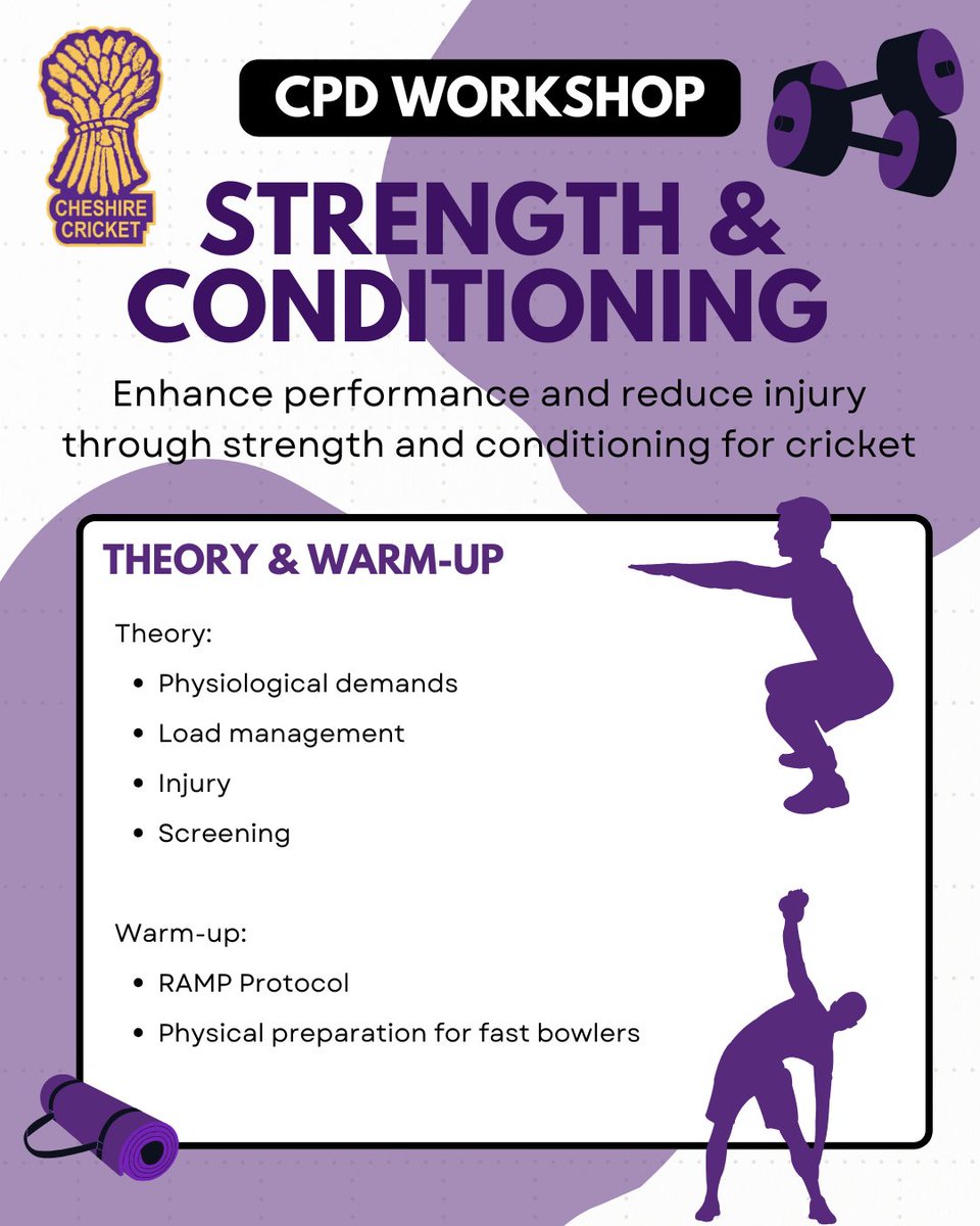 CheshireCB's tweet image. 🎯 Strength & Conditioning CPD WORKSHOP
🏏For Coaches Only
📍 Woodford CC
🗓 Wed, 6 Aug
🕕6-730PM
💷 FREE
Calling all cricket coaches! Enhance your knowledge, connect with peers, and bring fresh energy to your training sessions.
📌 BOOK: booking.ecb.co.uk/ky73LY