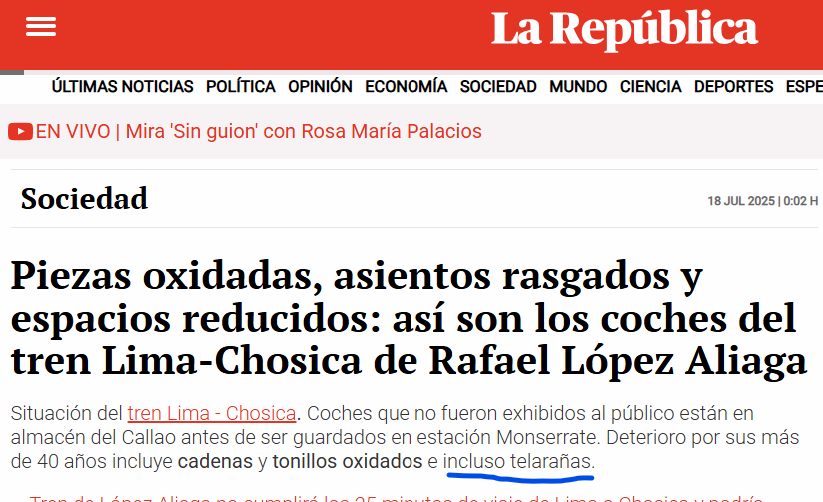 La República ha revelado información demoledora para Porky y sus trenes: los trenes tienen telarañas.

¡Cómo se recuperará Porky de este duro golpe!