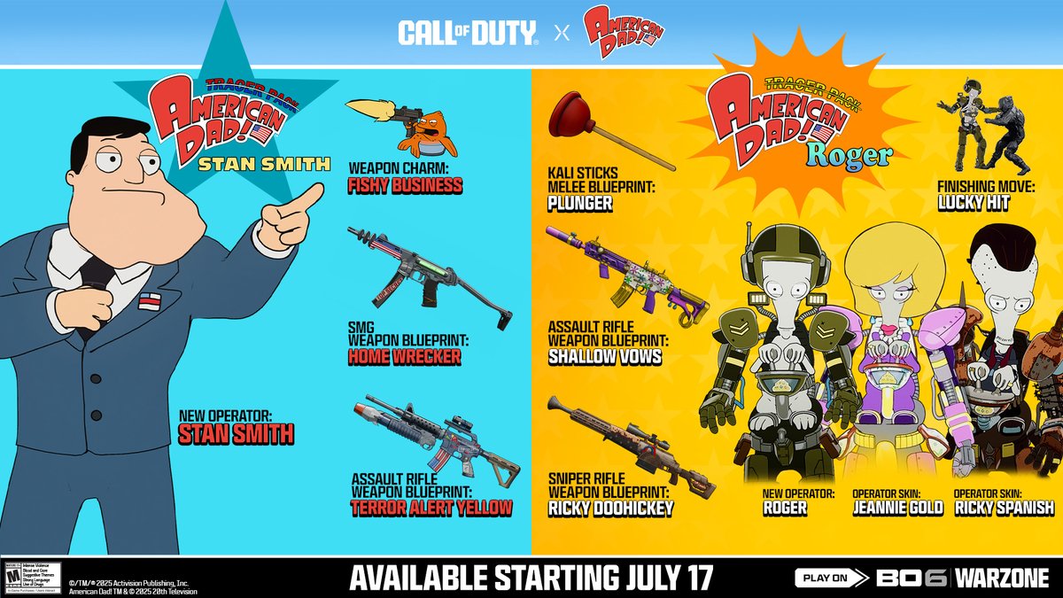 CallofDuty's tweet image. Be all that you can be with the American Dad! Bundle coming to Call of Duty 🫡🇺🇸
👨👽 Stan Smith & Roger Operators
💪 New Weapon Blueprints
➕ More