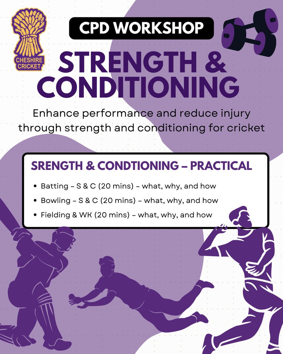 CheshireCB's tweet image. 🎯 Strength & Conditioning CPD WORKSHOP
🏏For Coaches Only
📍 Woodford CC
🗓 Wed, 6 Aug
🕕6-730PM
💷 FREE
Calling all cricket coaches! Enhance your knowledge, connect with peers, and bring fresh energy to your training sessions.
📌 BOOK: booking.ecb.co.uk/ky73LY