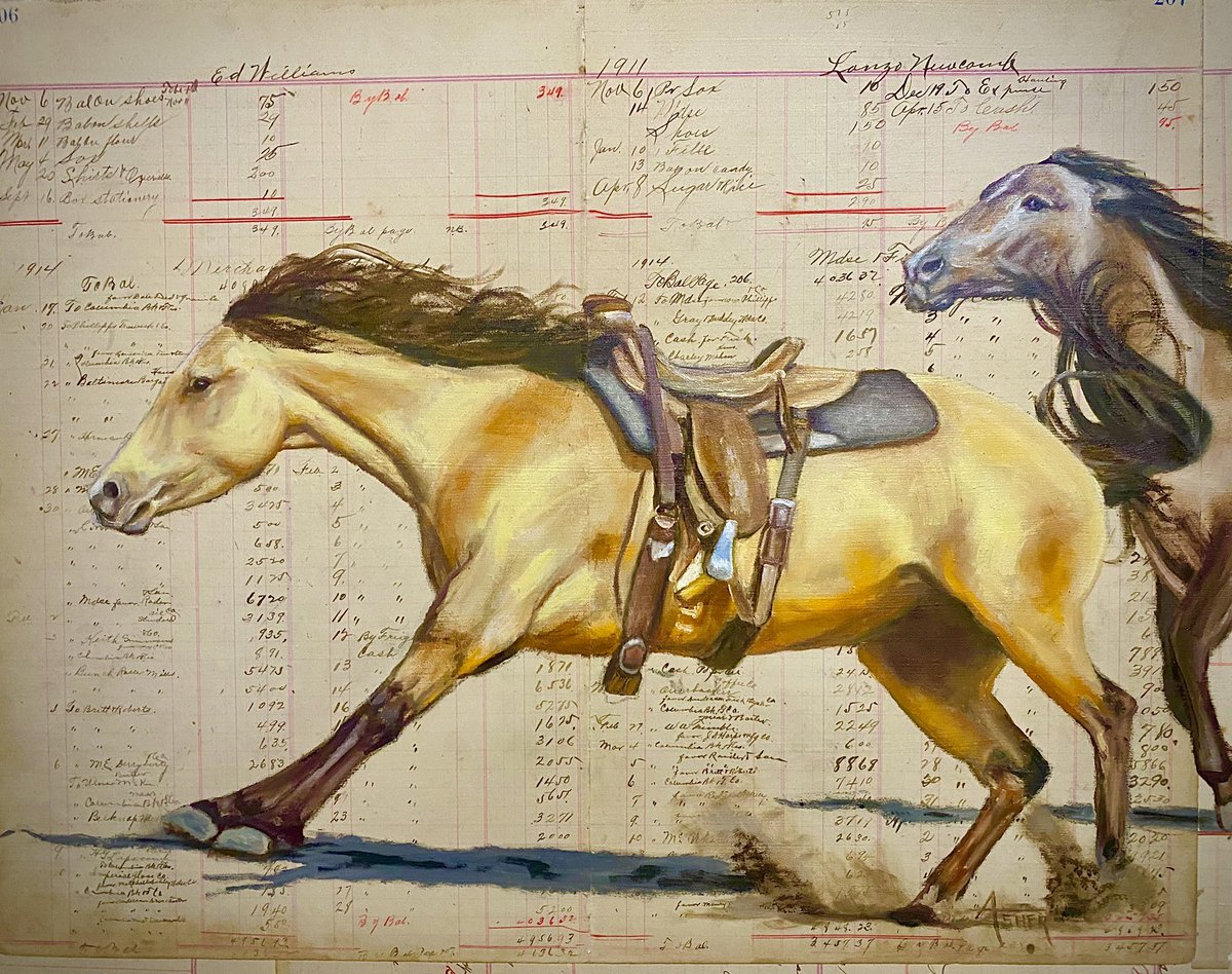 The Pecking Order 16x20 Mixed Media on Original 1911 Ledger by Julie Asher Available at julieasher.com #ledger #ledgerart #western #originalart #westernartist #antique #vintage