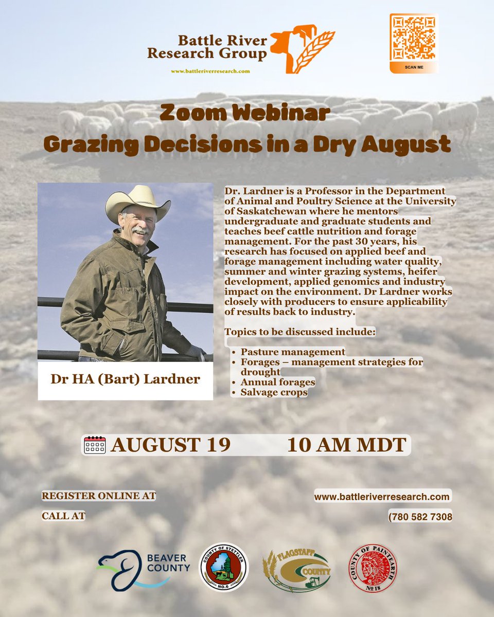 🐄 Grazing Decisions in a Dry August
📅 August 19 | 10 AM | Zoom
🎤 Featuring Dr. H.A. (Bart) Lardner

Struggling with pasture decisions during this dry spell? Join us for practical strategies to support your herd and land through drought conditions.

Topics include:
🌱 Pasture