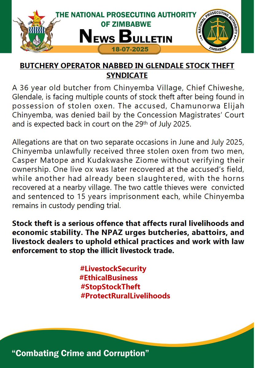 National Prosecuting Authority of Zimbabwe (@npazim) on Twitter photo Butchery Operator Nabbed in Glendale Stocktheft Syndicate
#CombatingCrimeAndCorruption
<a href="/gwasbuz/">george swarei</a> <a href="/NewZimbabweCom/">NewZimbabwe.com</a> <a href="/ZBCNewsonline/">ZBC News Online</a> <a href="/nrtvzimbabwe/">NRTV</a> <a href="/3KtvZim/">3Ktv</a> <a href="/StarFMNews/">Star FM News</a> <a href="/DiamondFMZim/">Diamond Fm Zim News</a> <a href="/ManicaPostZim/">The Manica Post</a> <a href="/TheMirrorMsv/">The Mirror Masvingo</a> <a href="/MadziwaFm/">Madziwa Fm Radio</a> <a href="/RadioZim263/">Radio Zimbabwe Official</a> <a href="/PlatinumFMZW/">Platinum FM</a> <a href="/GreatDykeNews/">Great Dyke News Online</a> <a href="/ZiFMStereo/">ZiFM Stereo</a> <a href="/263Chat/">263Chat.com 🇿🇼</a> Butchery Operator Nabbed in Glendale Stocktheft Syndicate
#CombatingCrimeAndCorruption
<a href="/gwasbuz/">george swarei</a> <a href="/NewZimbabweCom/">NewZimbabwe.com</a> <a href="/ZBCNewsonline/">ZBC News Online</a> <a href="/nrtvzimbabwe/">NRTV</a> <a href="/3KtvZim/">3Ktv</a> <a href="/StarFMNews/">Star FM News</a> <a href="/DiamondFMZim/">Diamond Fm Zim News</a> <a href="/ManicaPostZim/">The Manica Post</a> <a href="/TheMirrorMsv/">The Mirror Masvingo</a> <a href="/MadziwaFm/">Madziwa Fm Radio</a> <a href="/RadioZim263/">Radio Zimbabwe Official</a> <a href="/PlatinumFMZW/">Platinum FM</a> <a href="/GreatDykeNews/">Great Dyke News Online</a> <a href="/ZiFMStereo/">ZiFM Stereo</a> <a href="/263Chat/">263Chat.com 🇿🇼</a>