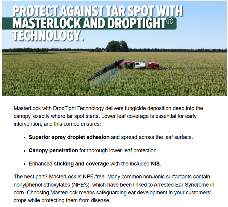 VT Corn Fungicide timing is here! Chose your product of choice and add #MasterLock NIS. The only NPE free NIS product on the market, safeguarding your corn from Arrested Ear Syndrome, plus the added benefits of increased canopy penetration and drift control. #WinFieldUnitedCanada
