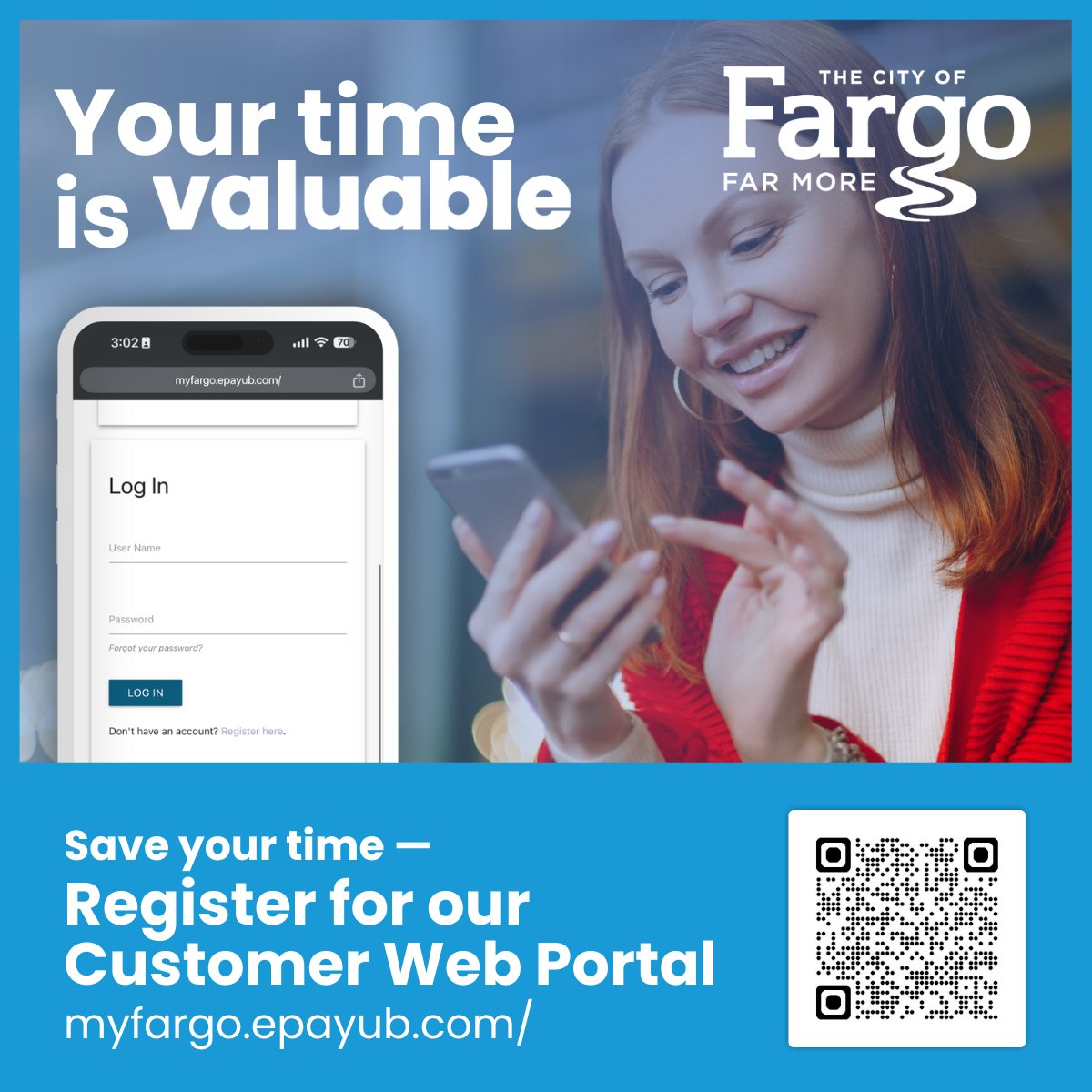 thecityoffargo's tweet image. Wherever you go, your utility account goes with you. Manage your bill from your phone with The City of Fargo’s online payment platform.
Sign up today at myfargo.epayub.com and simplify your day.
#FarMore #FargoUtilityBill