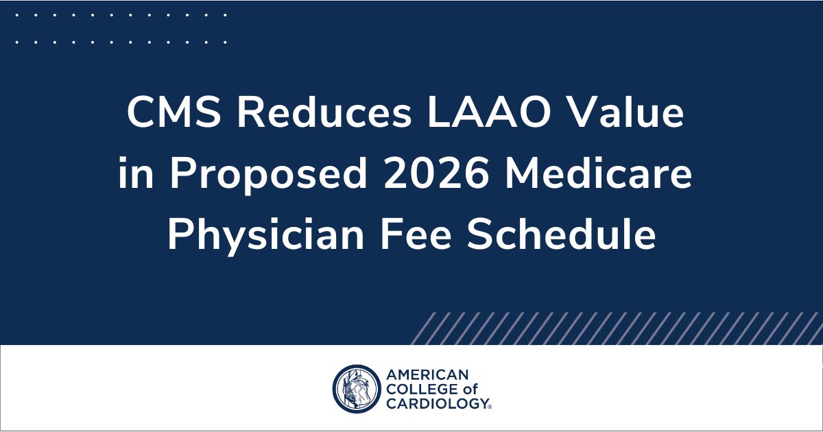 ACC Advocacy (@cardiology) on Twitter photo The proposed 2026 Medicare Physician Fee Schedule includes a proposal to reduce the physician work RVU for performing an LAAO procedure. Learn more and view a statement from <a href="/ACCinTouch/">American College of Cardiology</a>, <a href="/HRSonline/">Heart Rhythm Society</a> & <a href="/SCAI/">SCAI</a> 🔎 bit.ly/4eXziDm #ACCAdvocacy The proposed 2026 Medicare Physician Fee Schedule includes a proposal to reduce the physician work RVU for performing an LAAO procedure. Learn more and view a statement from <a href="/ACCinTouch/">American College of Cardiology</a>, <a href="/HRSonline/">Heart Rhythm Society</a> & <a href="/SCAI/">SCAI</a> 🔎 bit.ly/4eXziDm #ACCAdvocacy